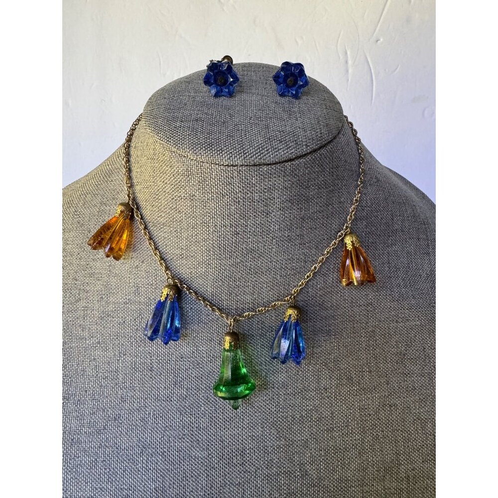 Vintage Czech Glass Dangle  Choker Necklace And Screw Back Earrings Set With Mul